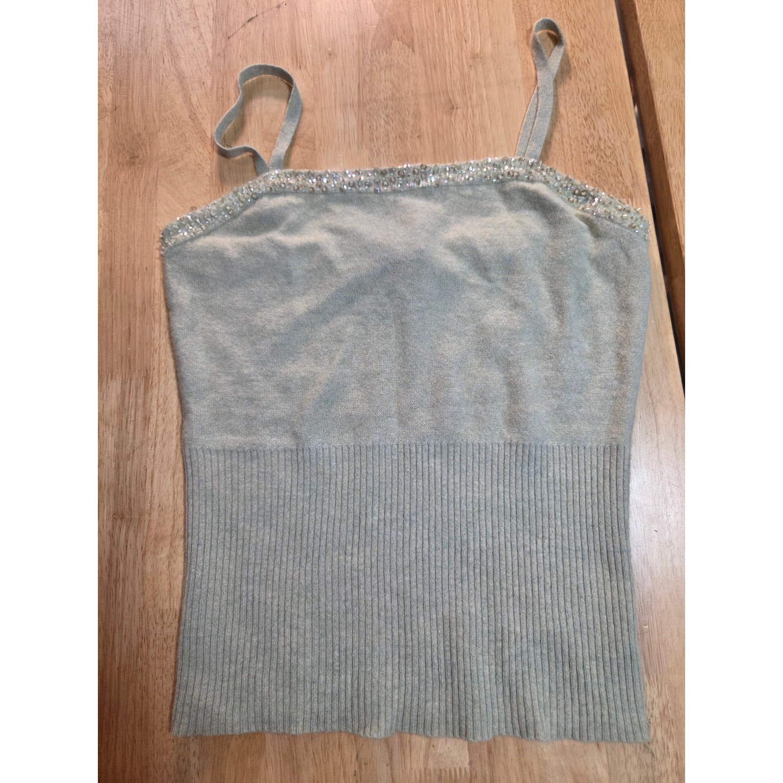 Plenty Wool Cashmere Angora Blend Knit Tank Sweater Beaded Pastel Green Medium